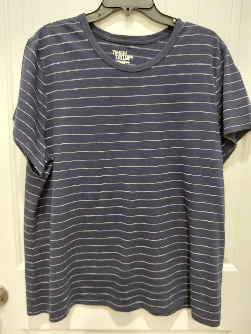 Time and Tru Navy & White Striped Short Sleeve Tee - Relaxed Crew #0901